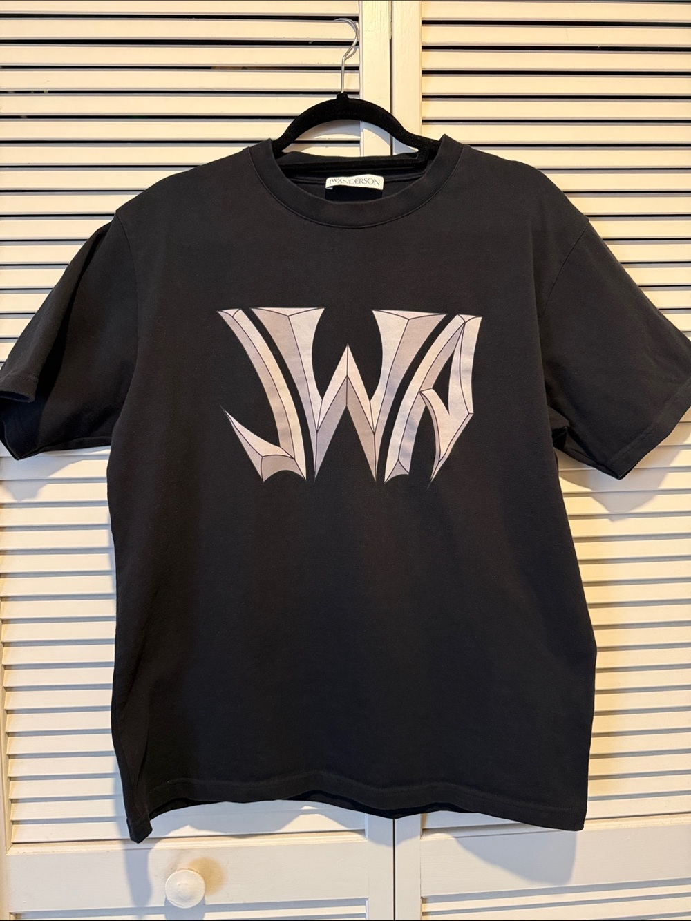 JW ANDERSON Black Tee with Silver-Gray Stylized Logo Small